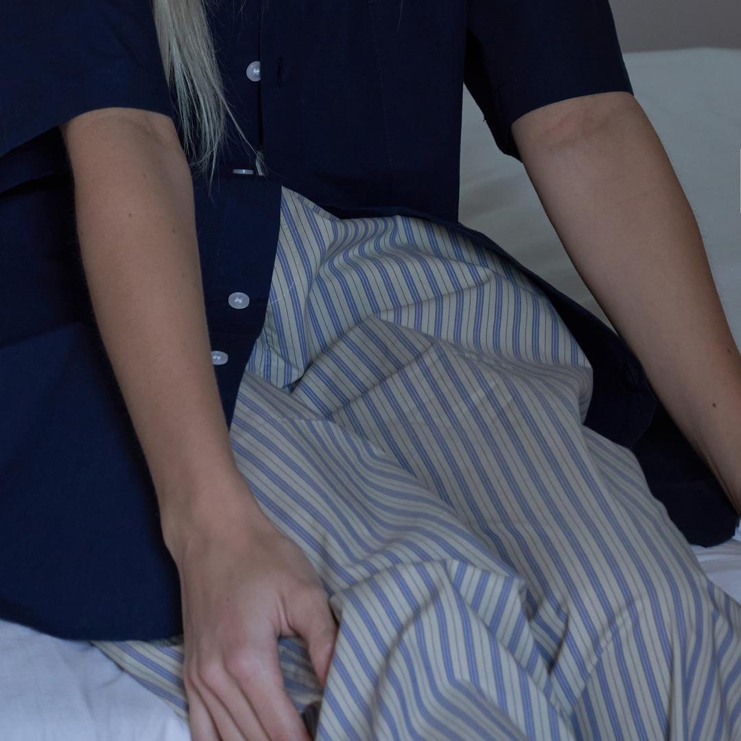 COTTON PAJAMA PANTS(UNISEX)-BEIGE BLUE STRIPE