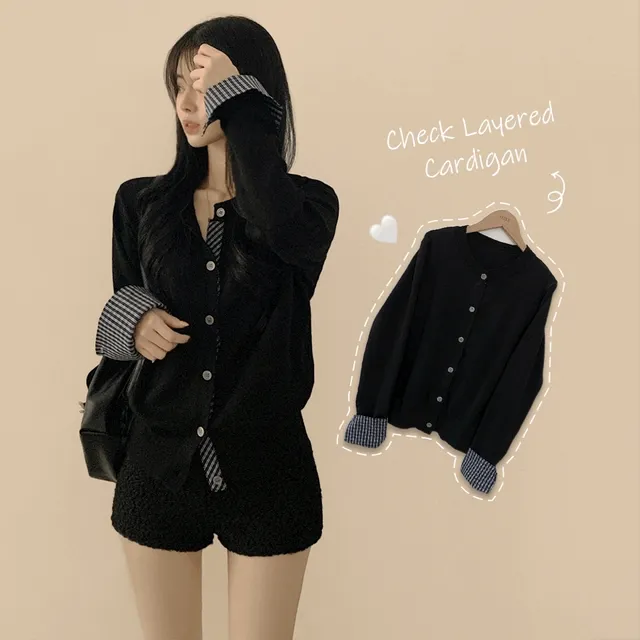 [긱시크룩] 빈티지 롤업 체크셔츠 페이크 레이어드 비스코스 배색 니트가디건