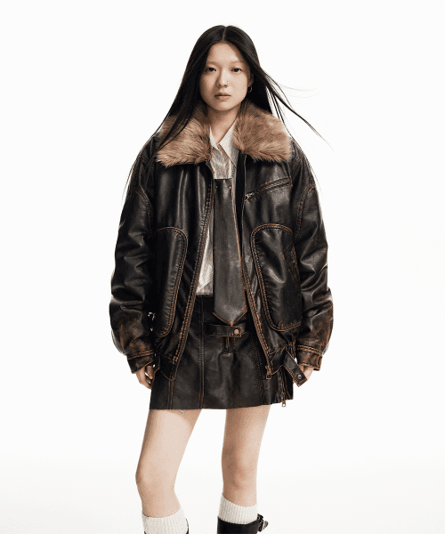 퍼 칼라 루즈 레더 자켓