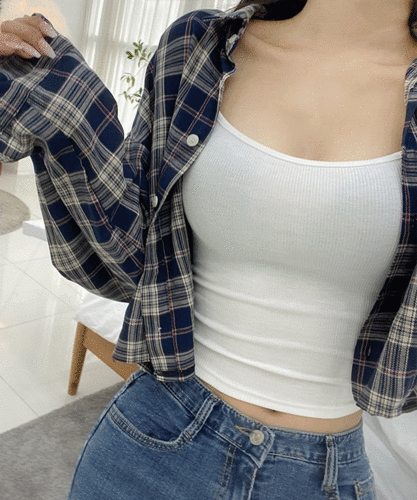 체크 뒷트임 크롭셔츠 남방