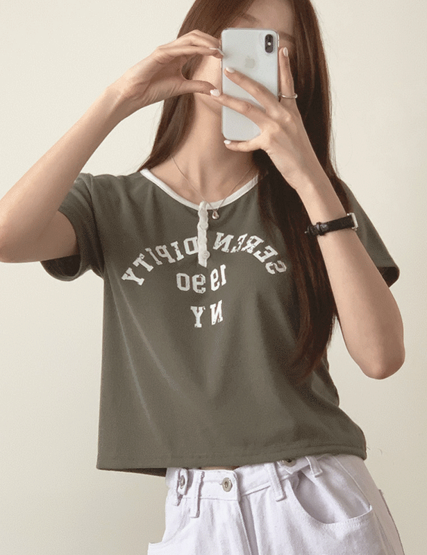 꾸안꾸, 레터링 골지 버튼 반팔티셔츠 (5color)