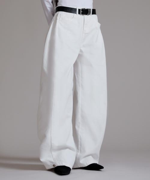 우먼 코튼 사이드 핀턱 버튼 와이드 팬츠_화이트