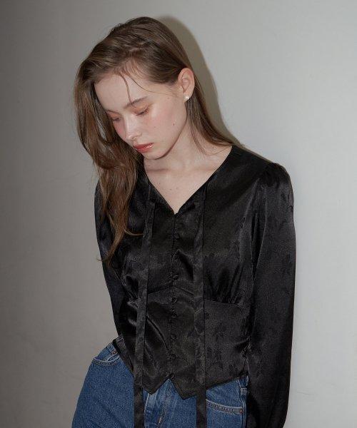 자카드 리본 블라우스_블랙