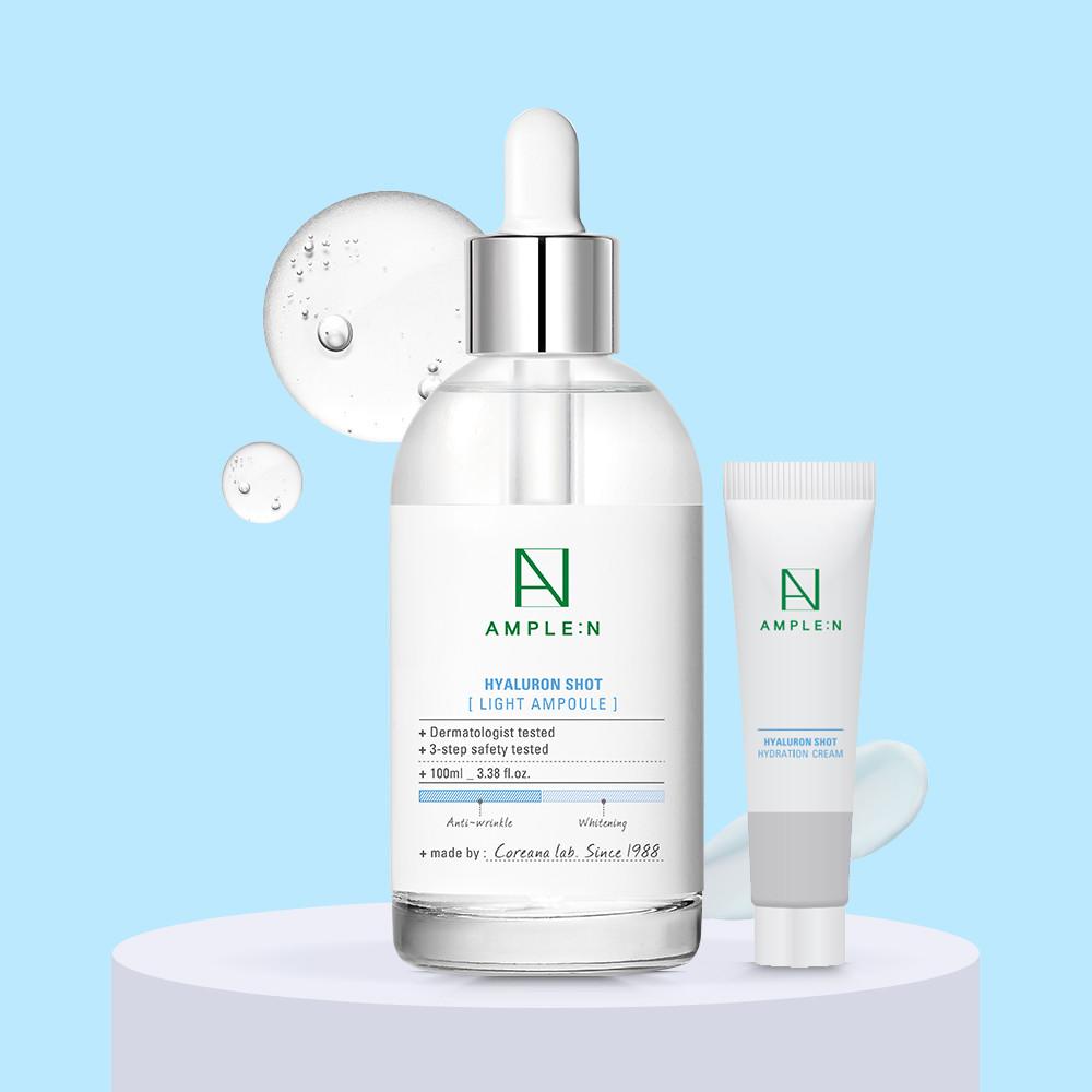 [미니크림 증정] 앰플엔 수부지 히알루론샷 라이트 대용량 앰플 100ml 산뜻촉촉 7종 히알루론산 수분충전 앰플 : 앰플엔