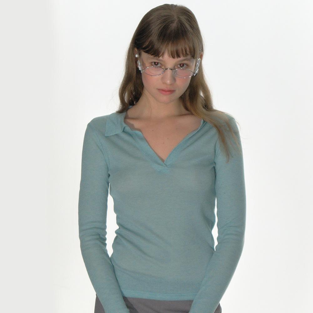 SHEER COLLARED TOP_BLUE GREEN