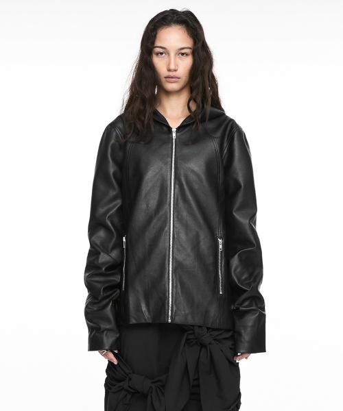 HOODIE LEATHER JACKET (UNISEX) BLACK