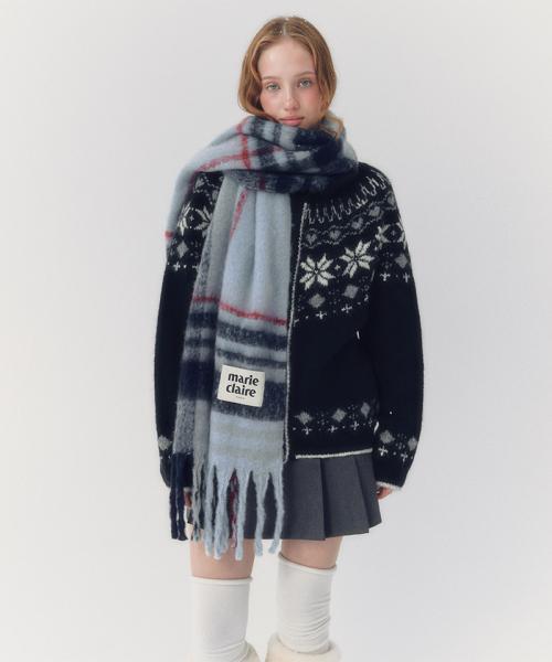 배색체크 브러쉬 니트 머플러(MAEDSC03MNY)