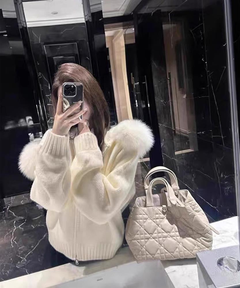 미엔 고급 폭스 퍼 후드 집업 골지 니트 가디건