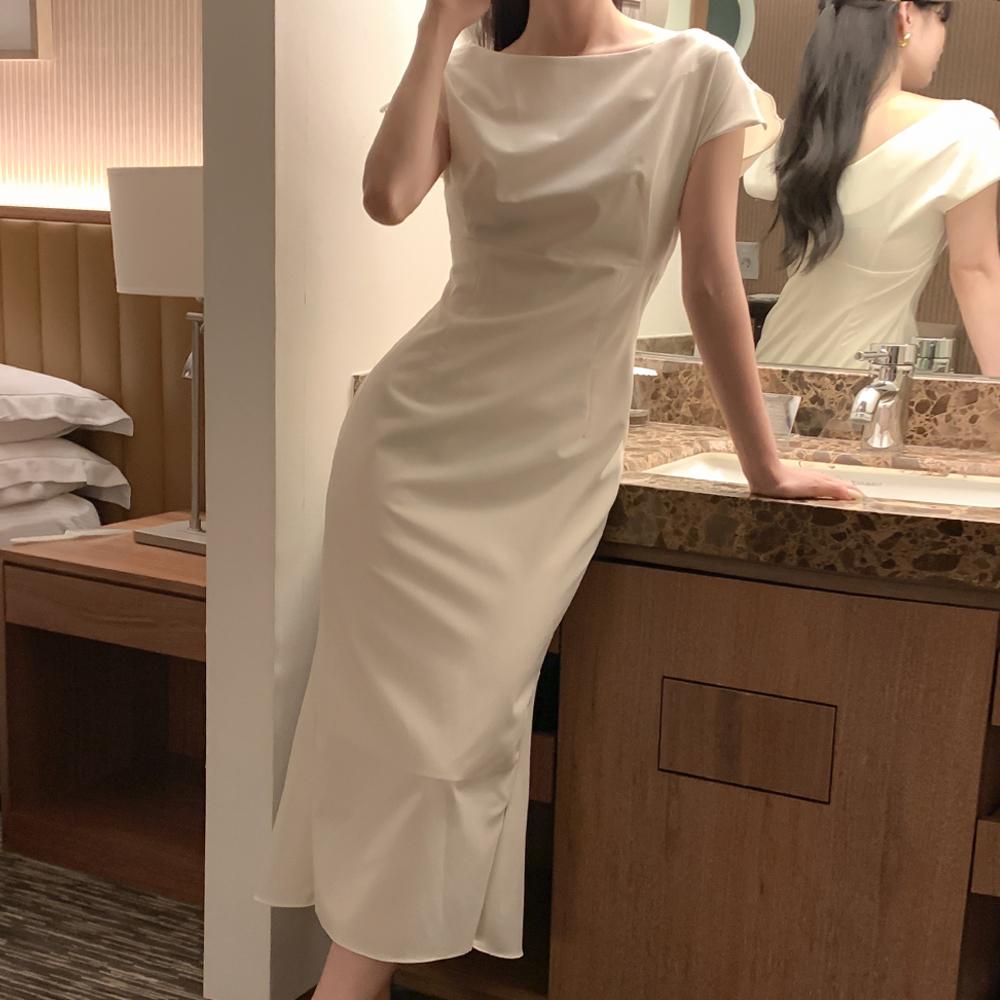 달리호텔 [단독재진행💗]오스카 라운드 보트넥 사이드 슬릿 캡 반팔 H라인 롱 원피스(하객룩)