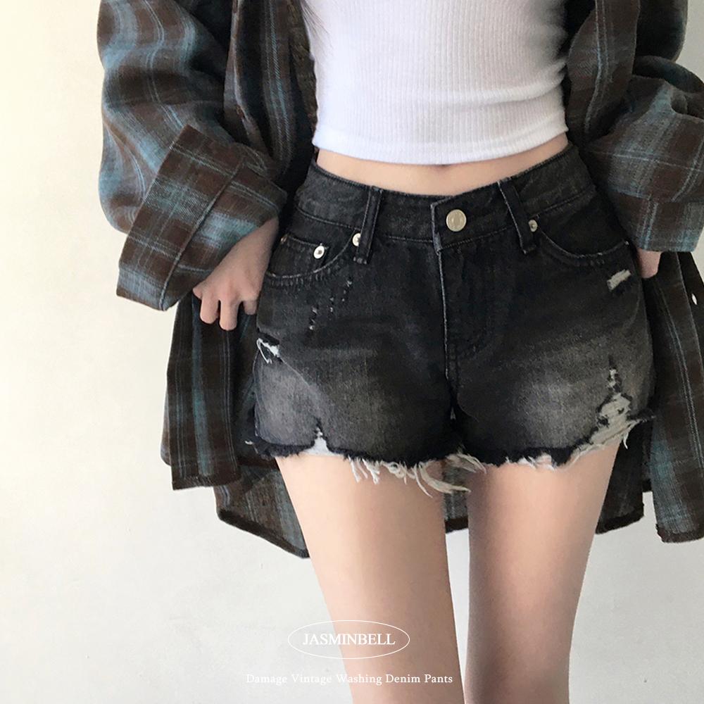 자스민벨 [빈티지pt🖤/핏보장!] 카몬 데미지 빈티지 워싱 구제 흑청 코튼 면 데님 숏 3부 팬츠 반바지 반 하이웨스트 찢청 데일리룩 캐주얼룩 봄신상/봄팬츠/봄반바지