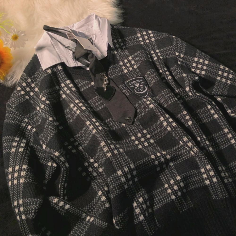 로리타 스쿨룩 타이 셔츠 레이어드 체크 니트 맨투맨