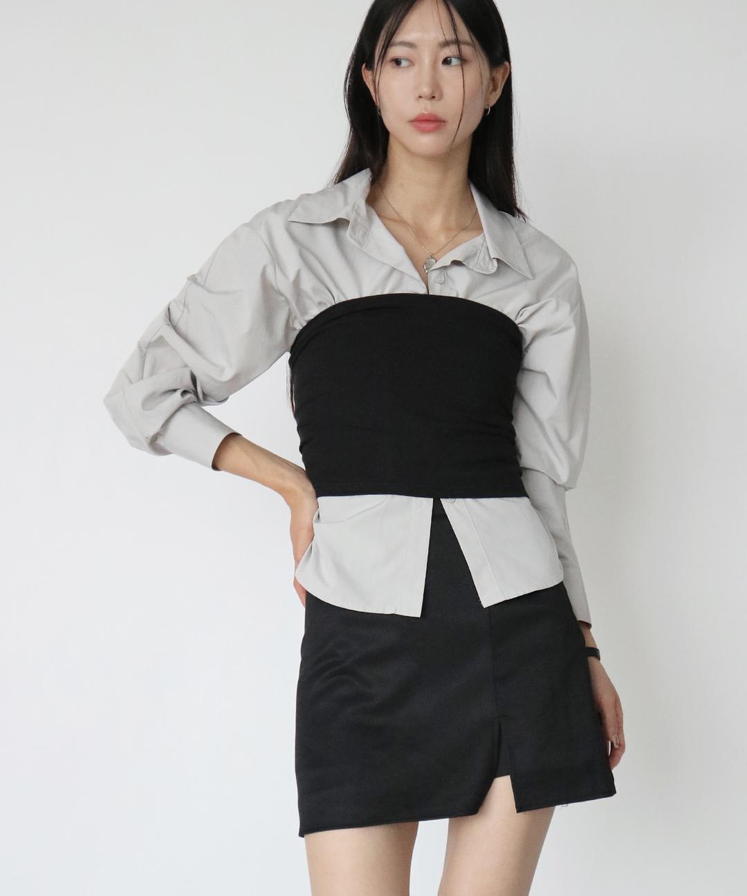 핀턱 드레이프 볼륨 셔츠 사이드 셔링 레이어드 블라우스