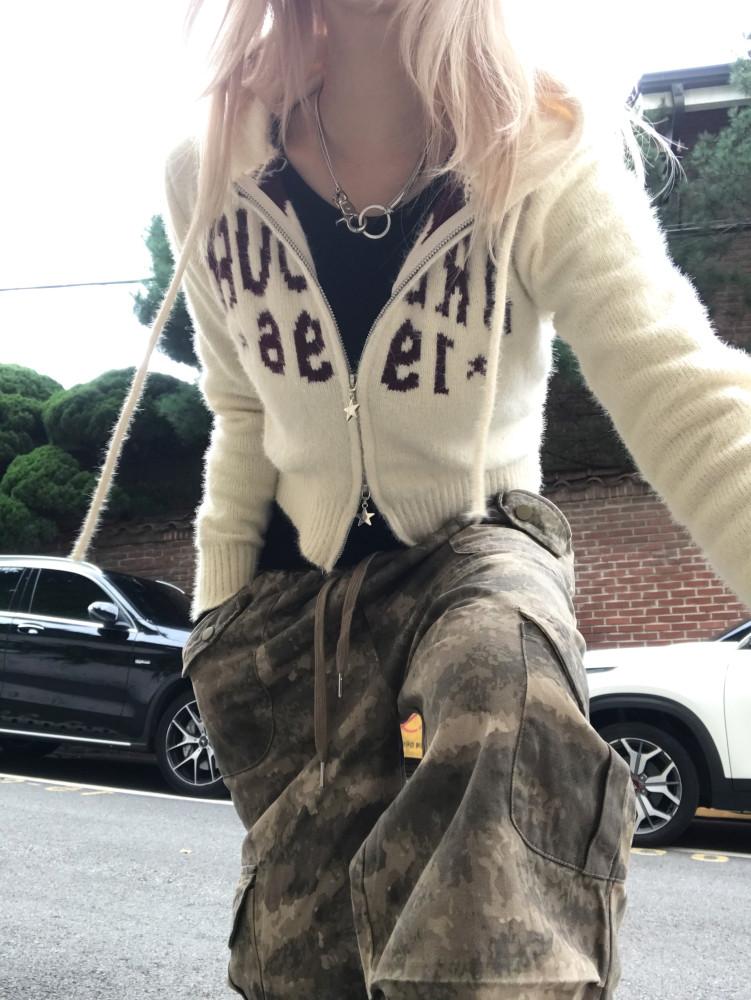 [히니츠키] 빈티지 레터링 앙고라 니트 투웨이 후드 집업