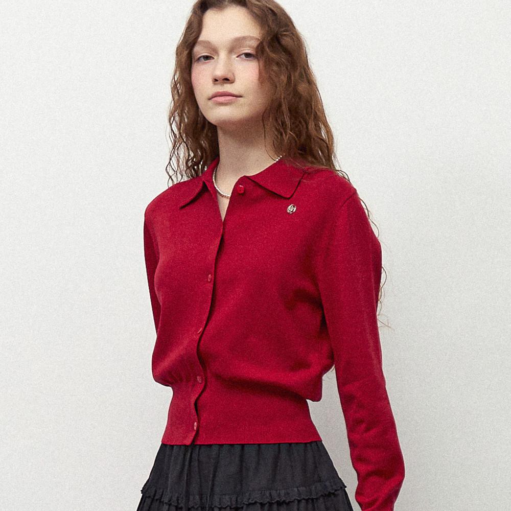 COLLAR BASIC KNIT CARDIGAN RED