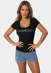 Bebe Logo Short Sleeve Round Neck Rib Top