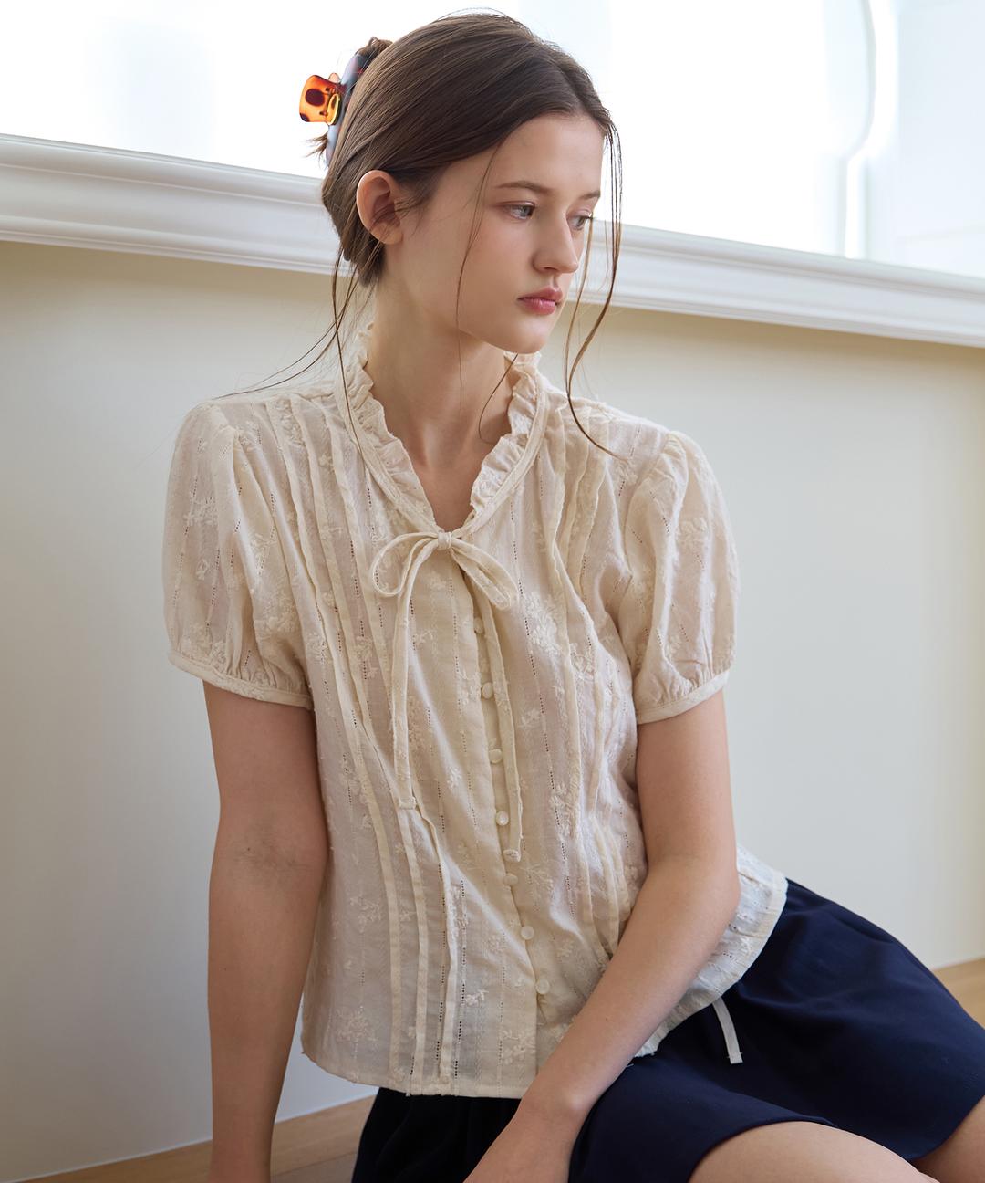 Soap High Neck Ribbon Blouse ( Cream )