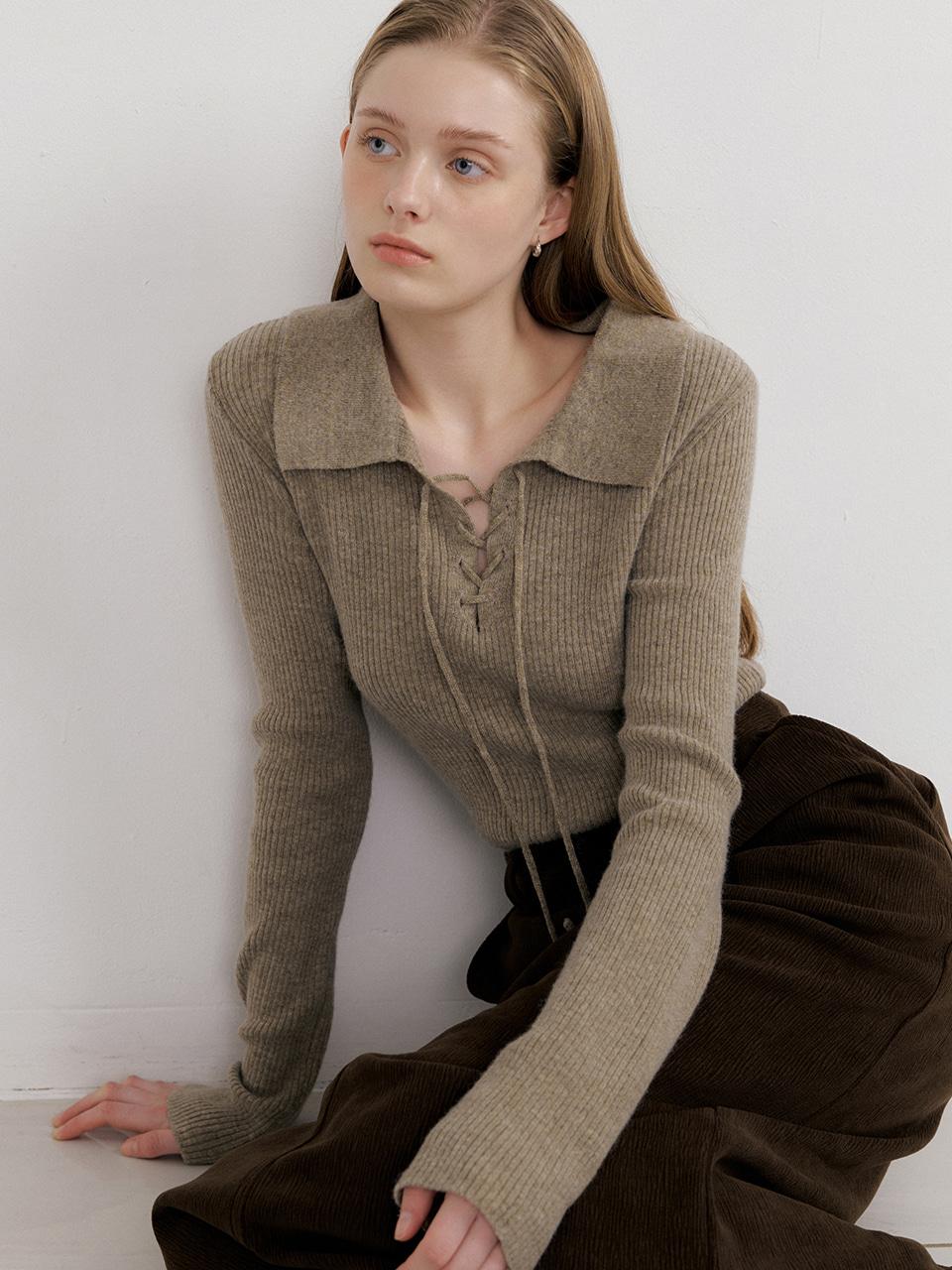 comos 1584 lace-up collar ribbed knit (cocoa)