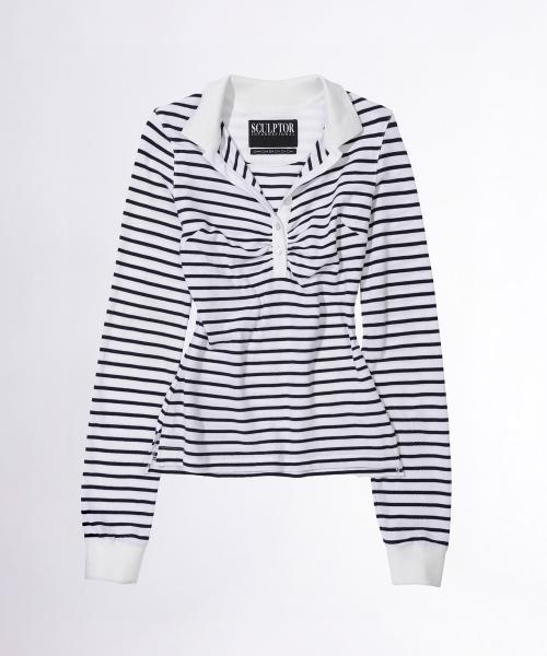 Shirring Tennis Shirt White/Navy Stripe