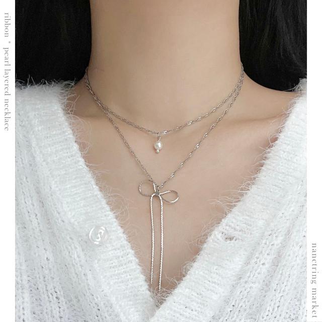 [Best] 리본 레이어드 목걸이 (써지컬스틸 체인)