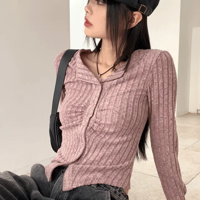 [3천장 판매/기획가] 튤리 보카시 셔링 골지 카라 단추 긴팔 가디건