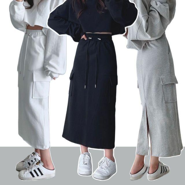 [sk/맨투맨 코디강추!] 가을 카고 밴딩 트레이닝 스트링 큐브 트임 롱스커트_비비드글로우