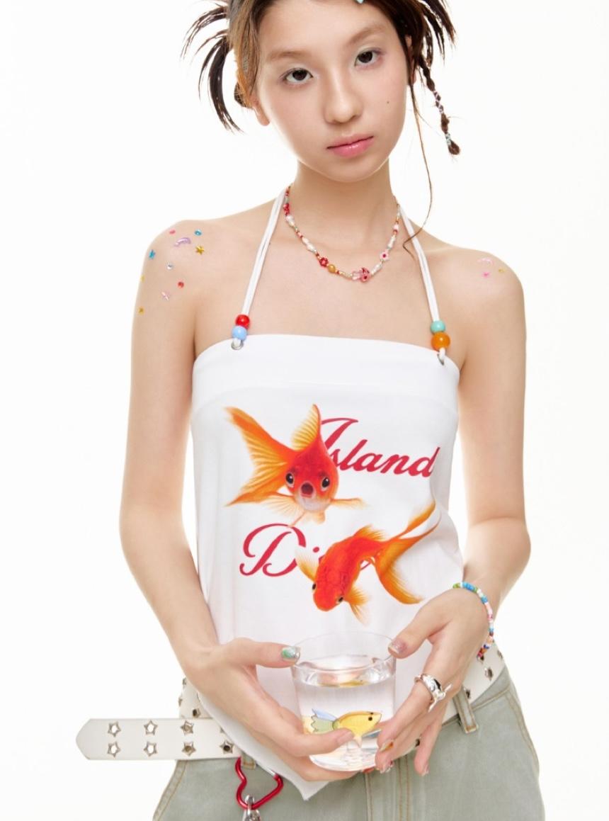 BETWEENAND Goldfish Lettering Beads Ball Halterneck Top