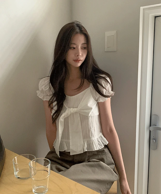 [여름신상⛱️] 넘버링 리본 반팔 블라우스 (3color)