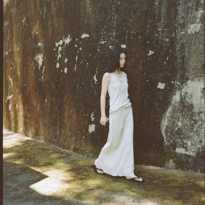 Waffle-knit jersey long skirt (melange gray)
