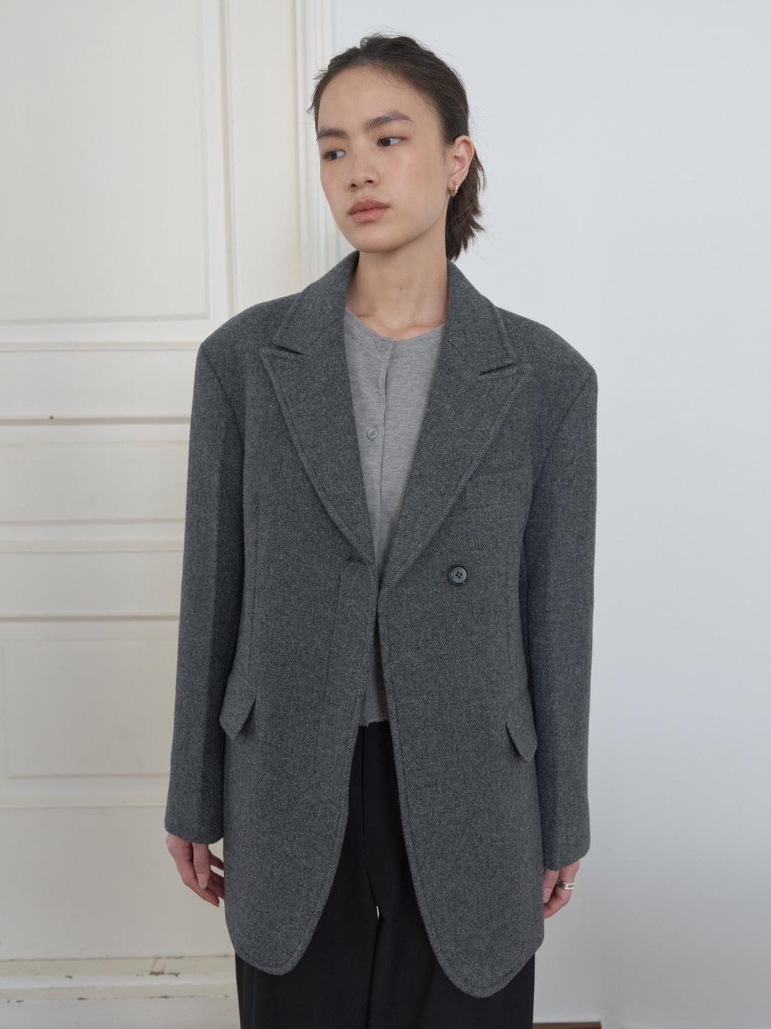 WOOL DOUBLE HALF COAT_GREY HERRINGBONE