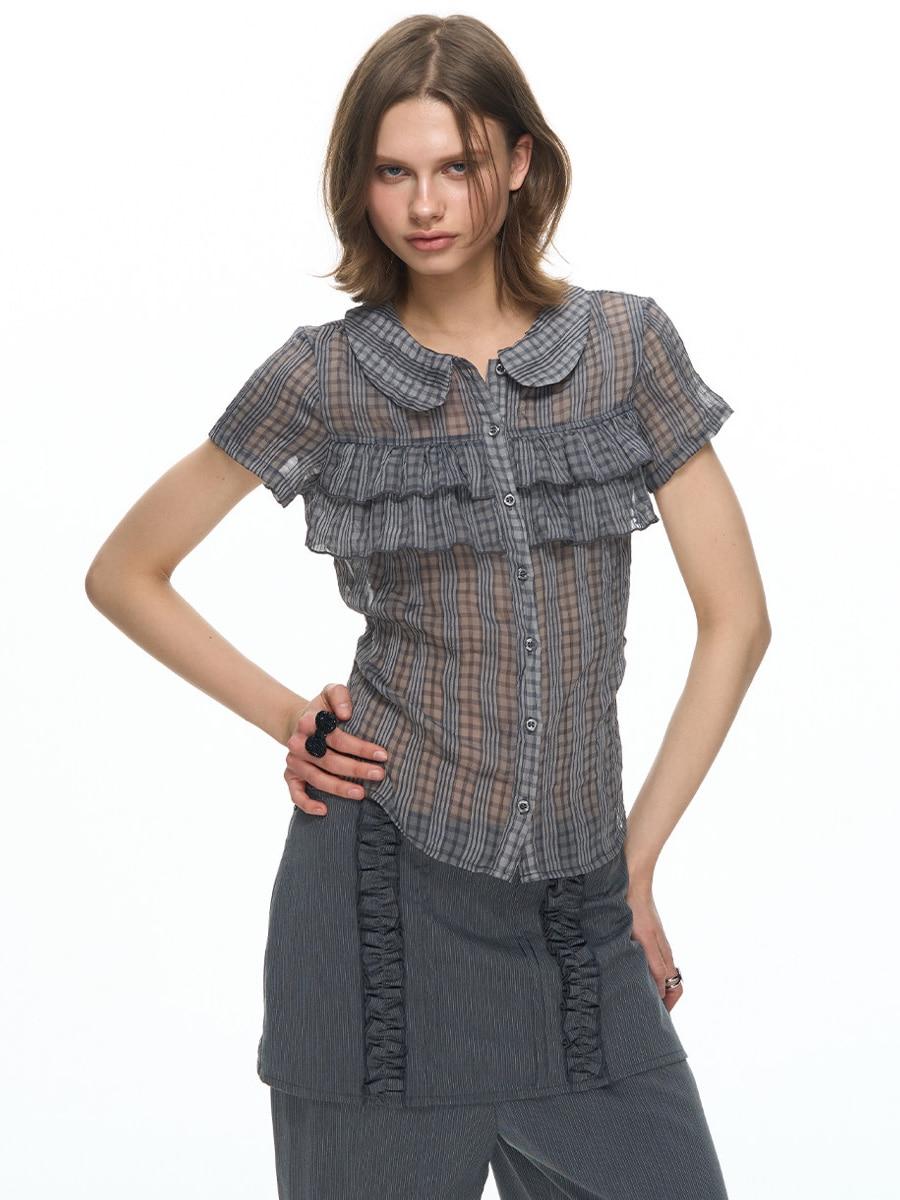 NECY STUDIO Purple Grey Ruffle Plaid Shirt