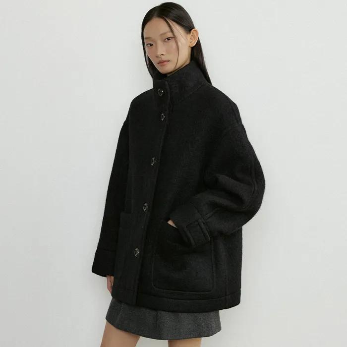 alpaca high-neck half coat-black