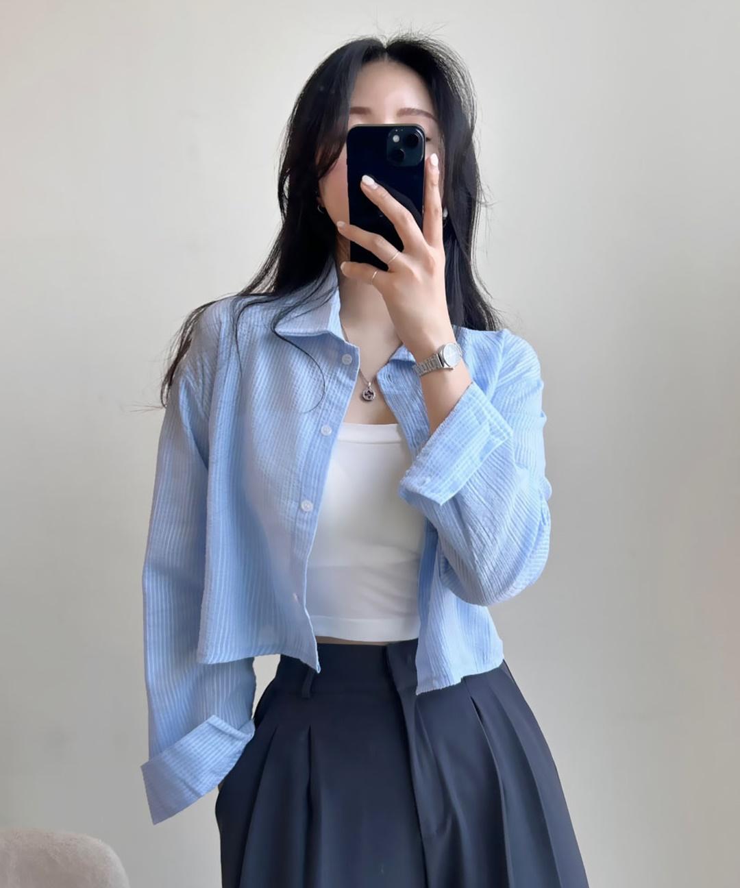 데일리유 [햇빛차단*.*/쿨링소재🤍/24SS] 스트라이프,쿨링 시스루 썸머 여름 긴팔 크롭 셔츠 [4color]