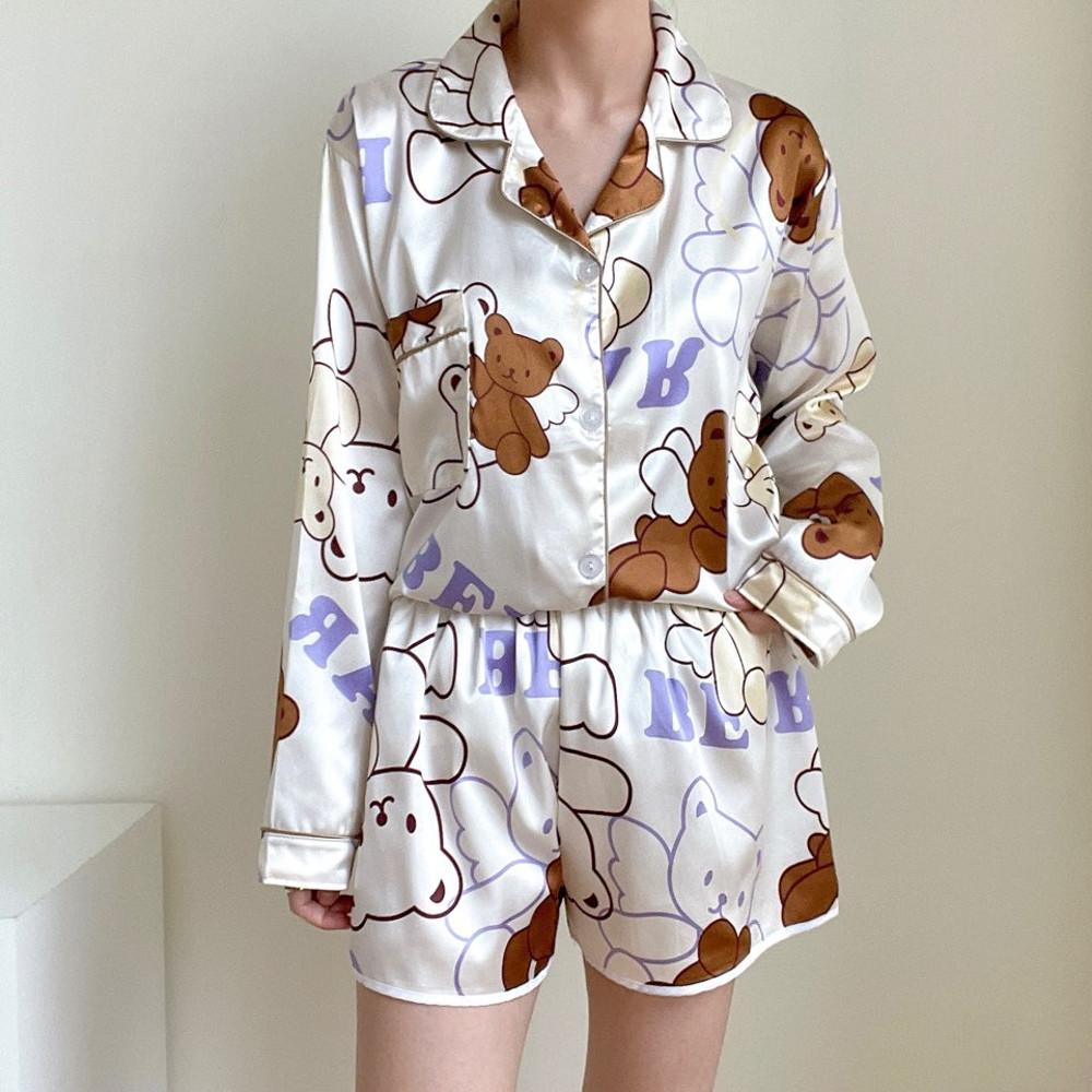 실키 날개곰 7종 파자마 세트 긴팔 나시 반바지 수면안대 파우치 여성 홈웨어 곰돌이 잠옷 봄 여름 선물