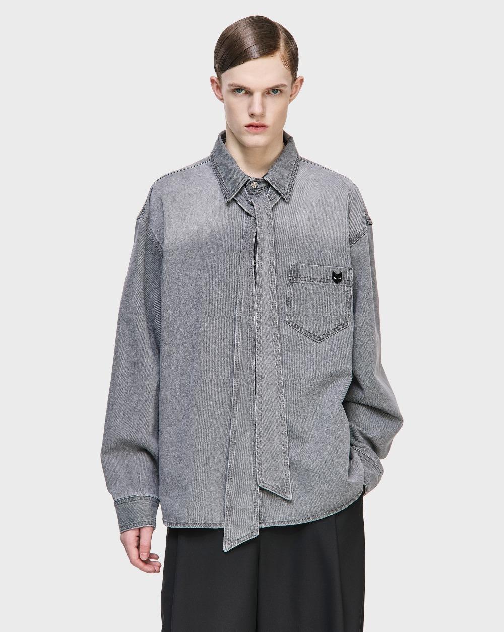 지제로 리본 데님 셔츠 라이트 그레이