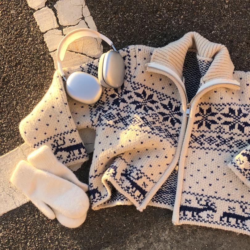 [3color/투웨이]스노우 카라 집업 노르딕 크롭 니트