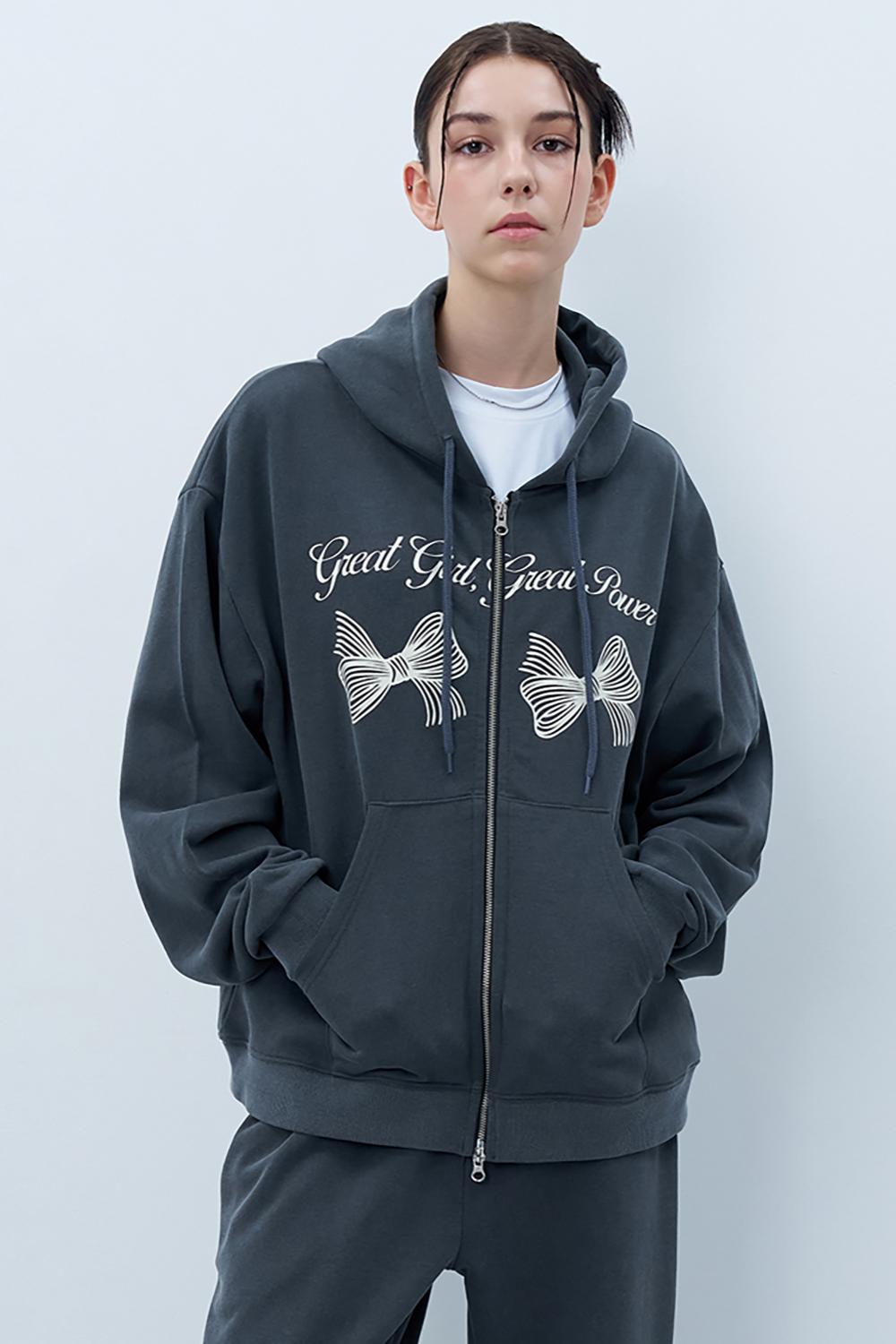 트윈 리본 피그먼트 후드 집업 차콜