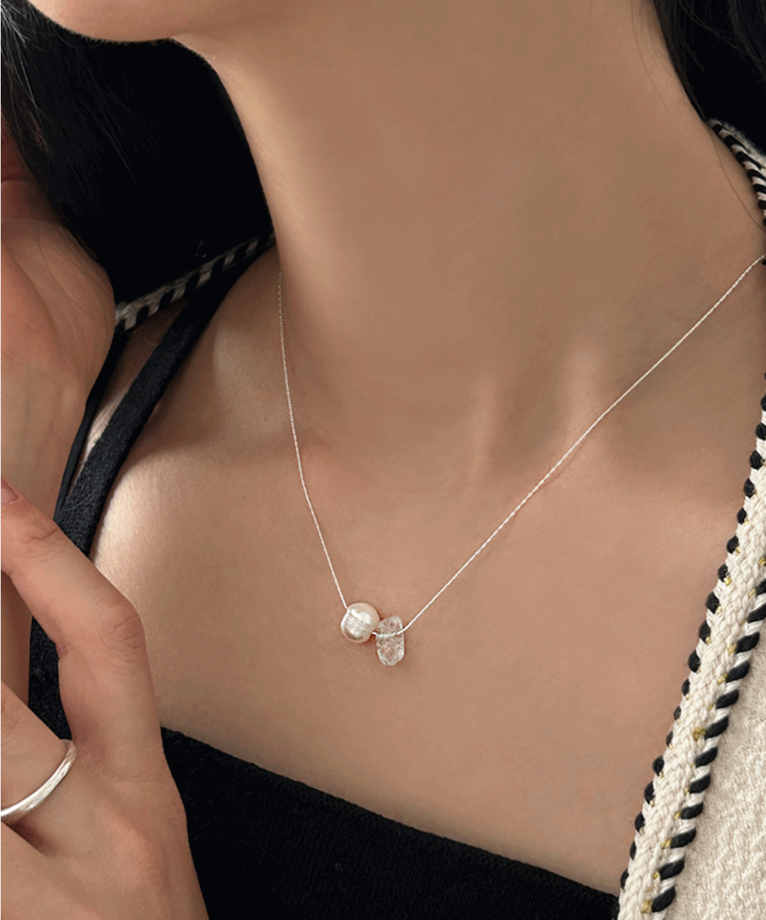 천연 담수진주 원석 포인트 실버 목걸이