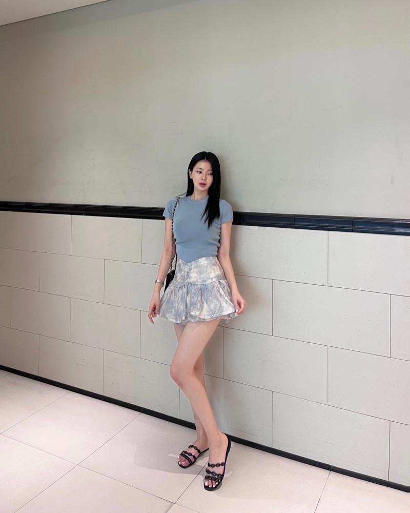 라일락 반팔 니트 치마 바지 투피스 세트