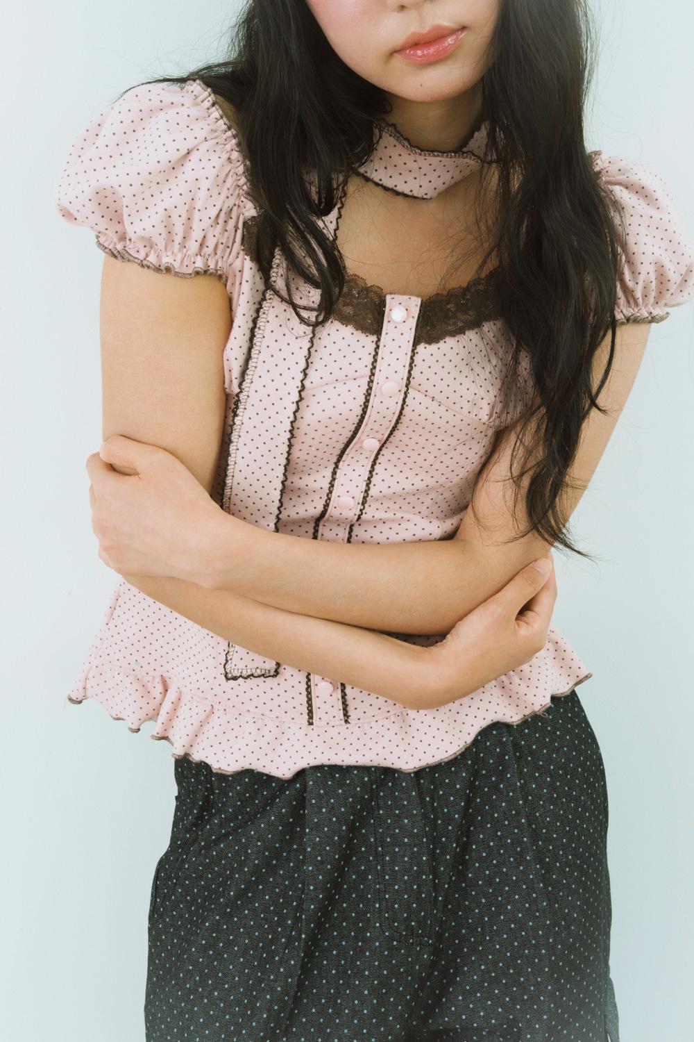 CHEEK DOT PUFF BLOUSE SCARF SET (PINK)