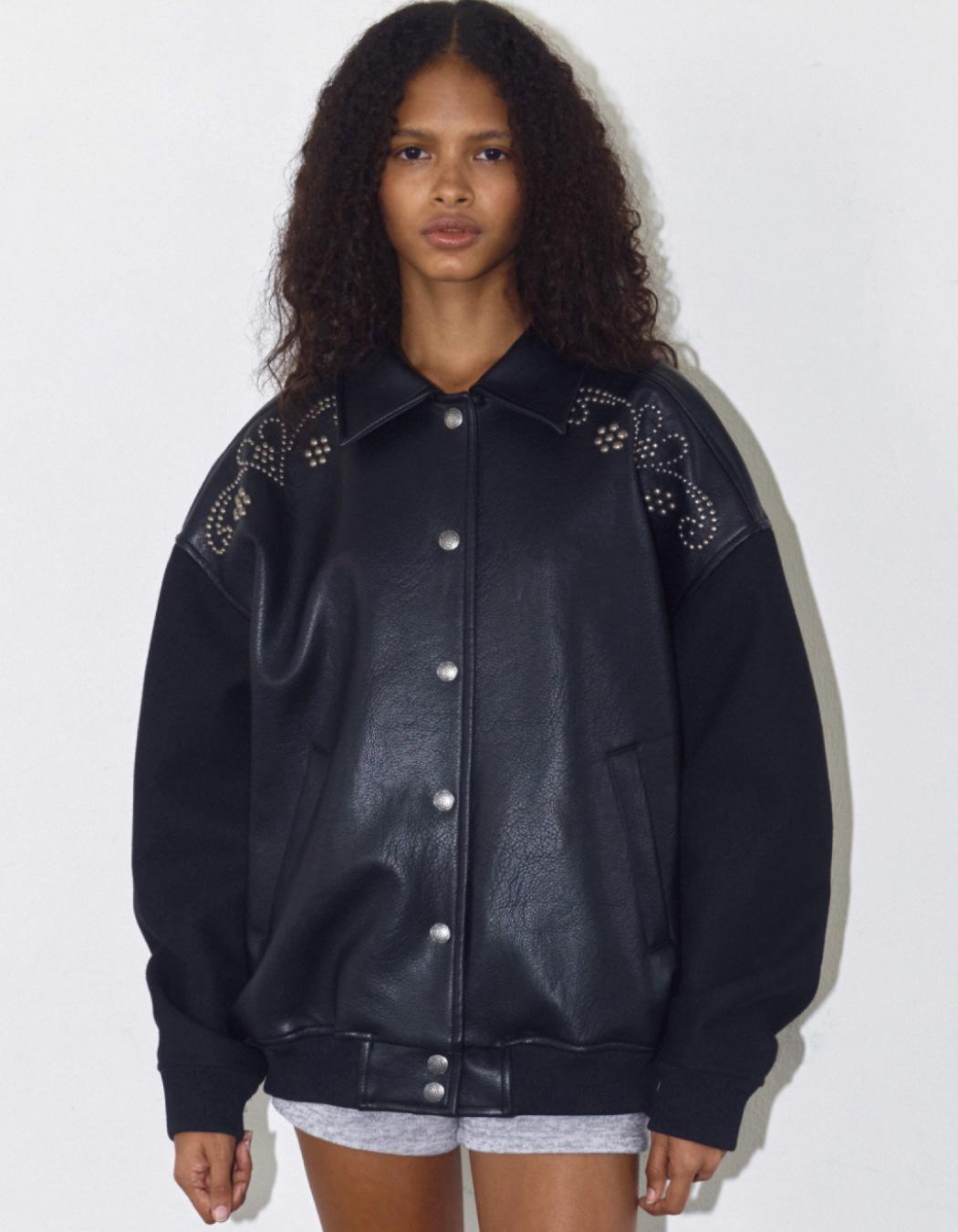 HEART STUDDED VARSITY JACKET_ONZI_EDITION, BLACK