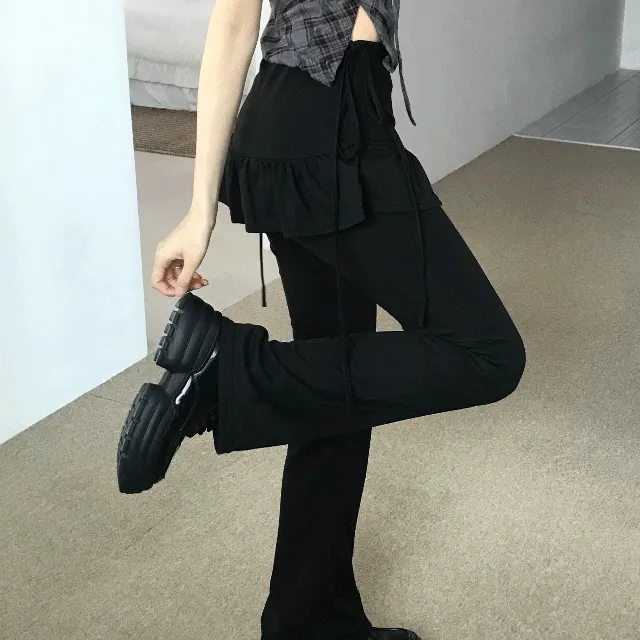 [발레코어🖤/치마바지] 덴느 프릴 셔링 리본 부츠컷 스커트 팬츠