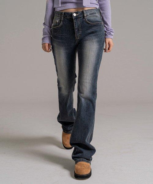 우알롱 Western washed boots-cut denim pants - BLUE - 위시버킷