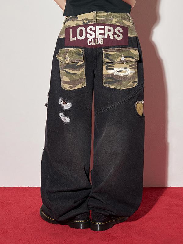 [ 1,2,3SIZE 8/25일 예약배송 ] LSC CAMO MIX DAMAGE WIDE DENIM PANT (BLACK)