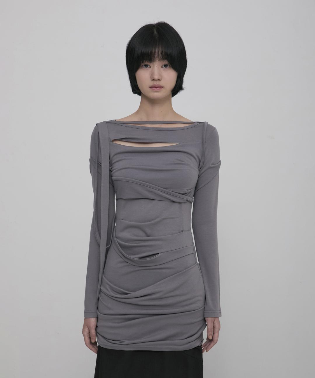 Asymmetrical Draped Long Dress (FL-196_Gray)