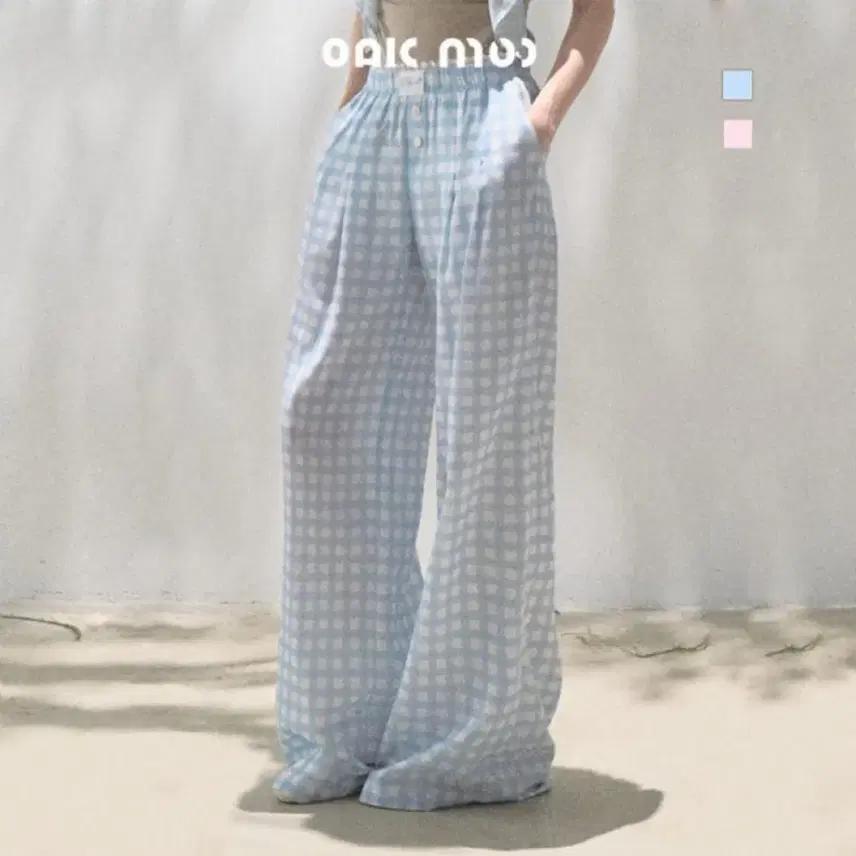 OAKMOO 팬츠 캐주얼 와이드 블루 체크 바지