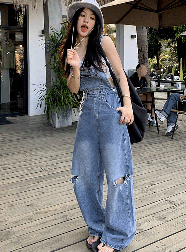 릿스튜디오 조이 데미지 컷팅 데님 점프수트