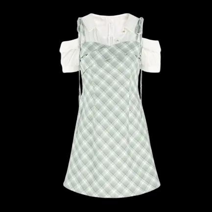 귀여운 청순 그린 체크 미니 원피스