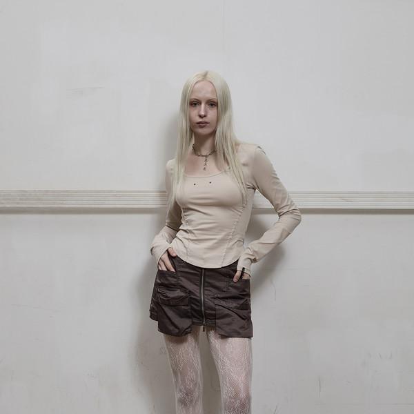 Smock shirring scoop neck long sleeve top beige