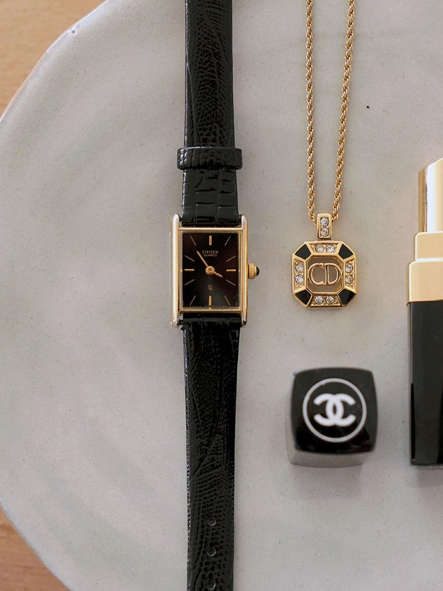 [재입고][citizen] 1999 square black dial & leather watch