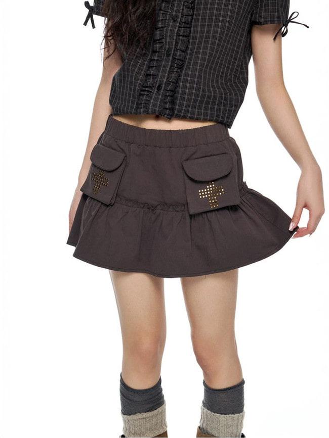 [EZEK] Studded Pocket Pleated Mini Skirt